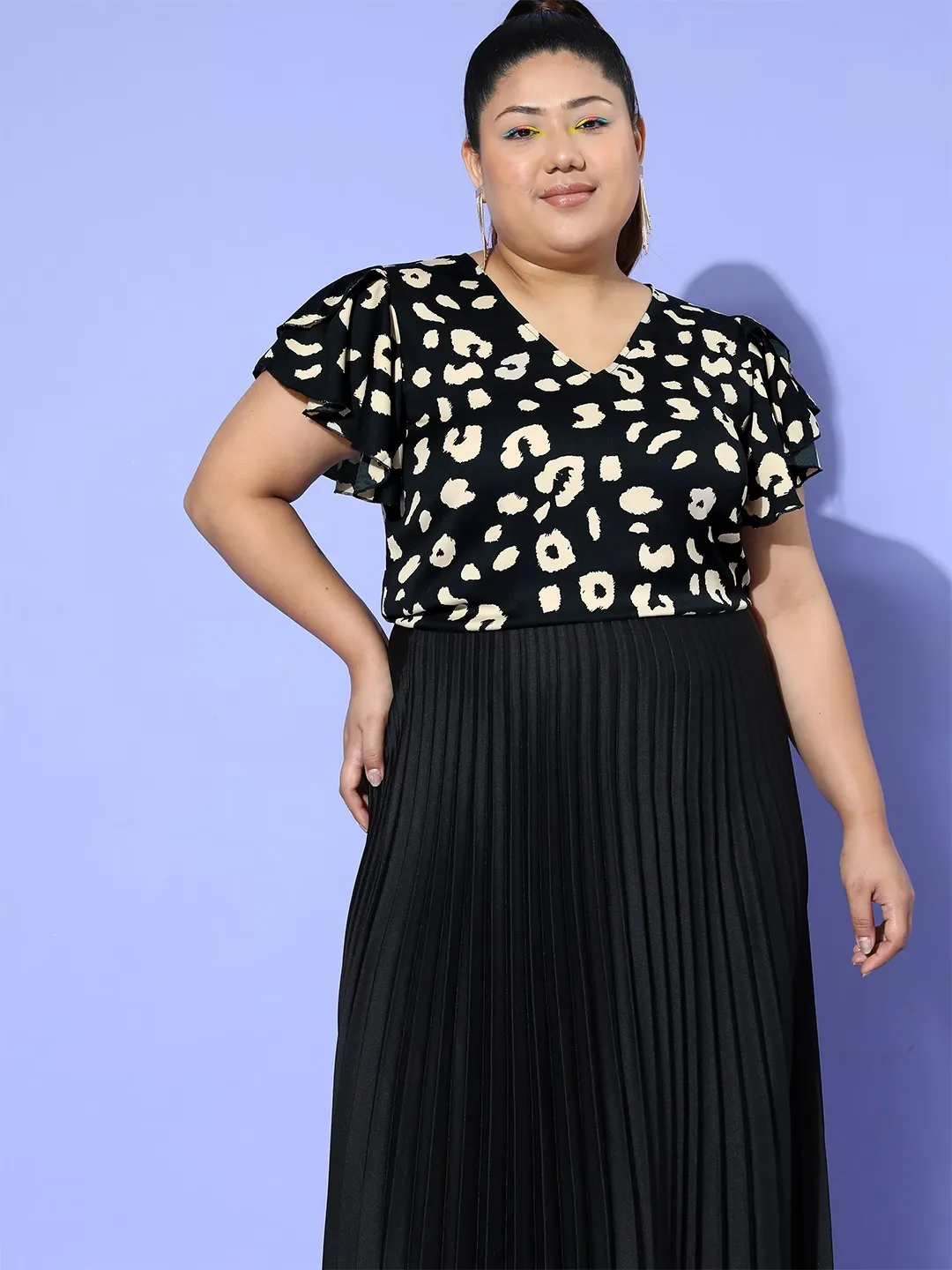 Berrylush Women Plus Size Black & White Animal Printed V-Neck Flutter Sleeve Crepe Ruffled Regular Top