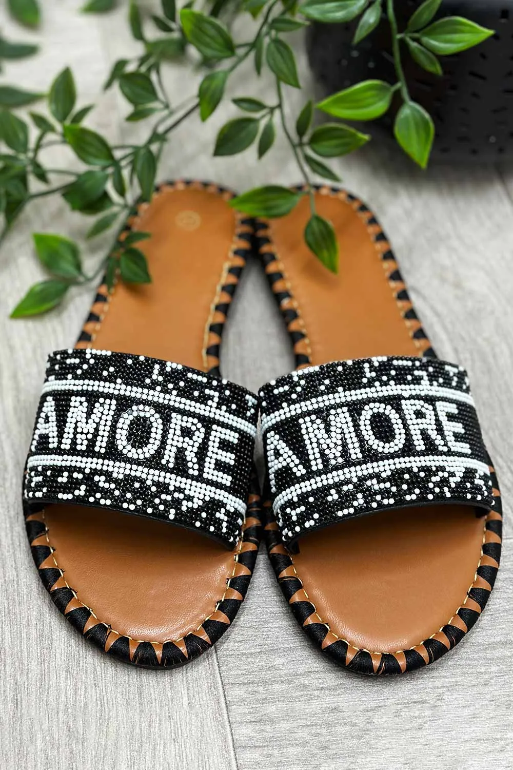 Black Beaded Amore Slide Sandals