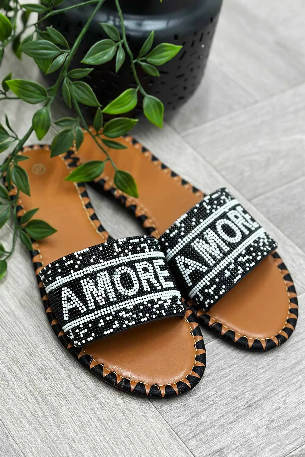 Black Beaded Amore Slide Sandals