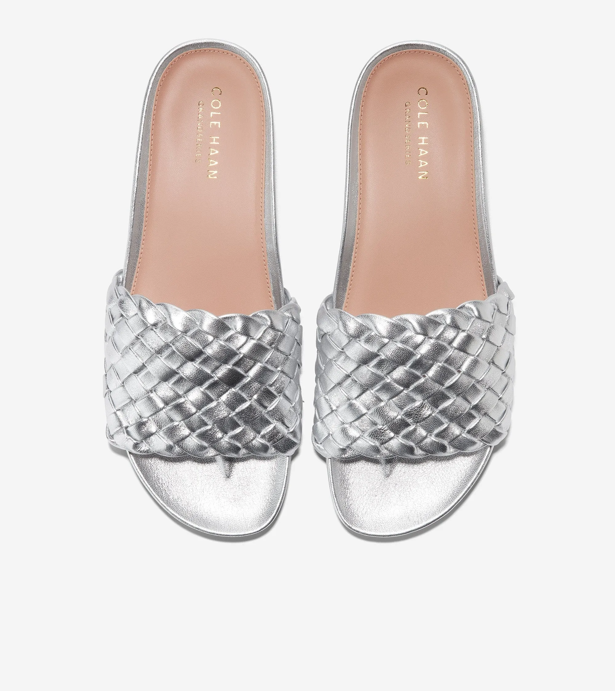 Cole Haan Mojave Slide Silver Leather Slip On Rounded Open Toe Flat Sandals