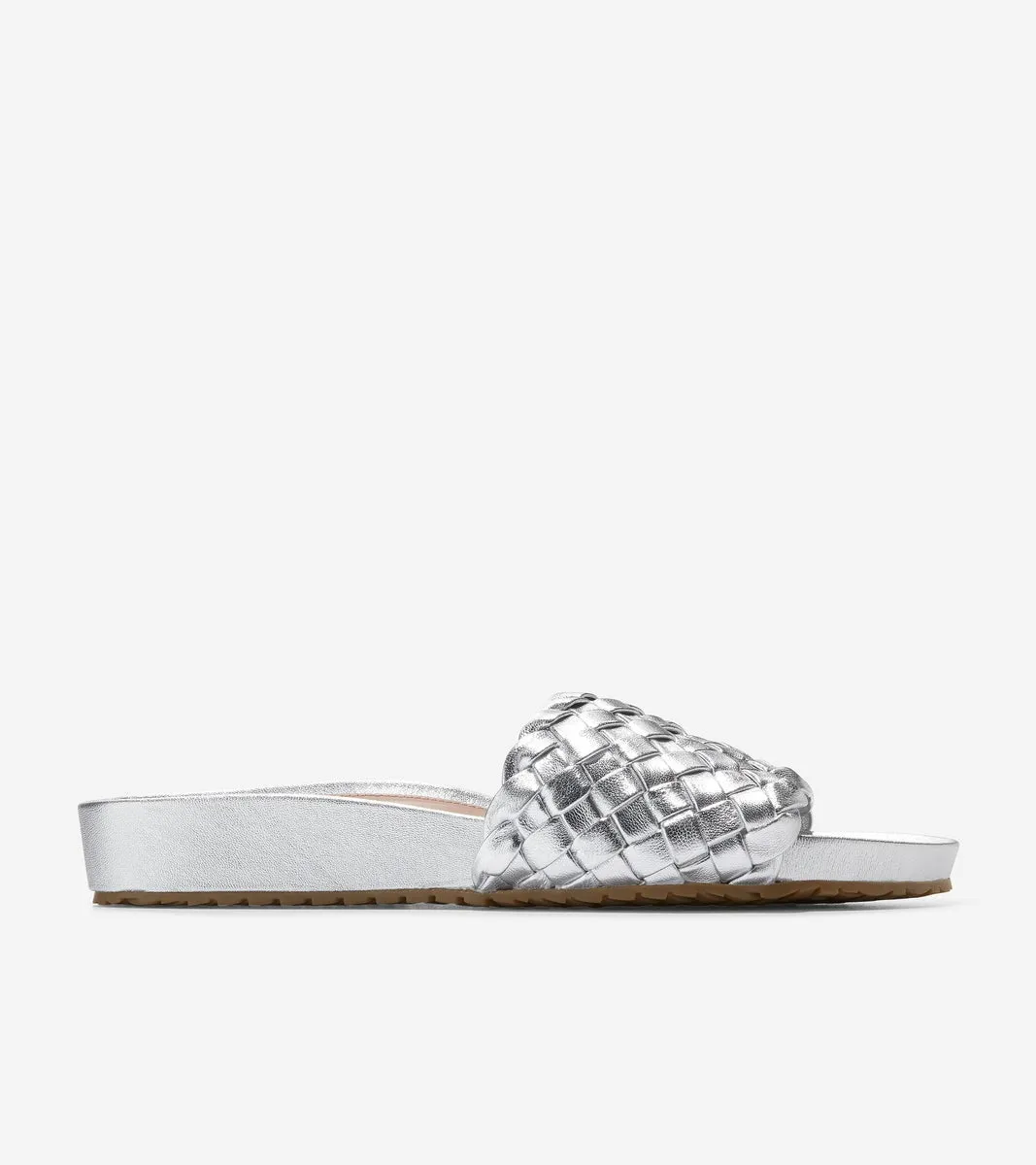 Cole Haan Mojave Slide Silver Leather Slip On Rounded Open Toe Flat Sandals