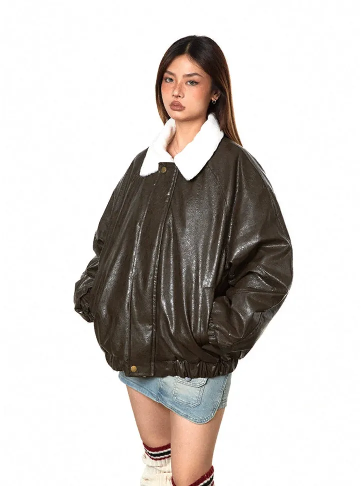 Fleece Lined Glossy Faux Leather Oversized Jacket