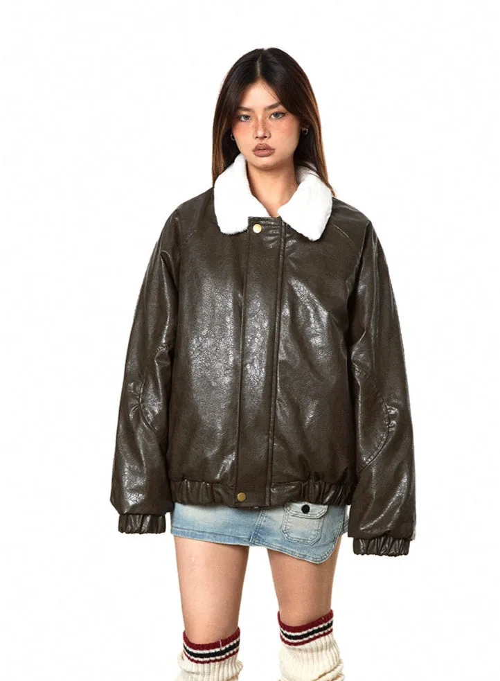 Fleece Lined Glossy Faux Leather Oversized Jacket