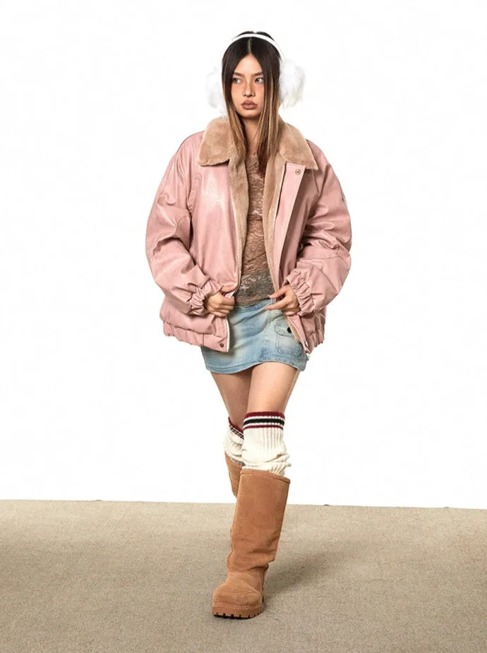 Fleece Lined Glossy Faux Leather Oversized Jacket