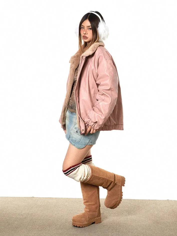 Fleece Lined Glossy Faux Leather Oversized Jacket