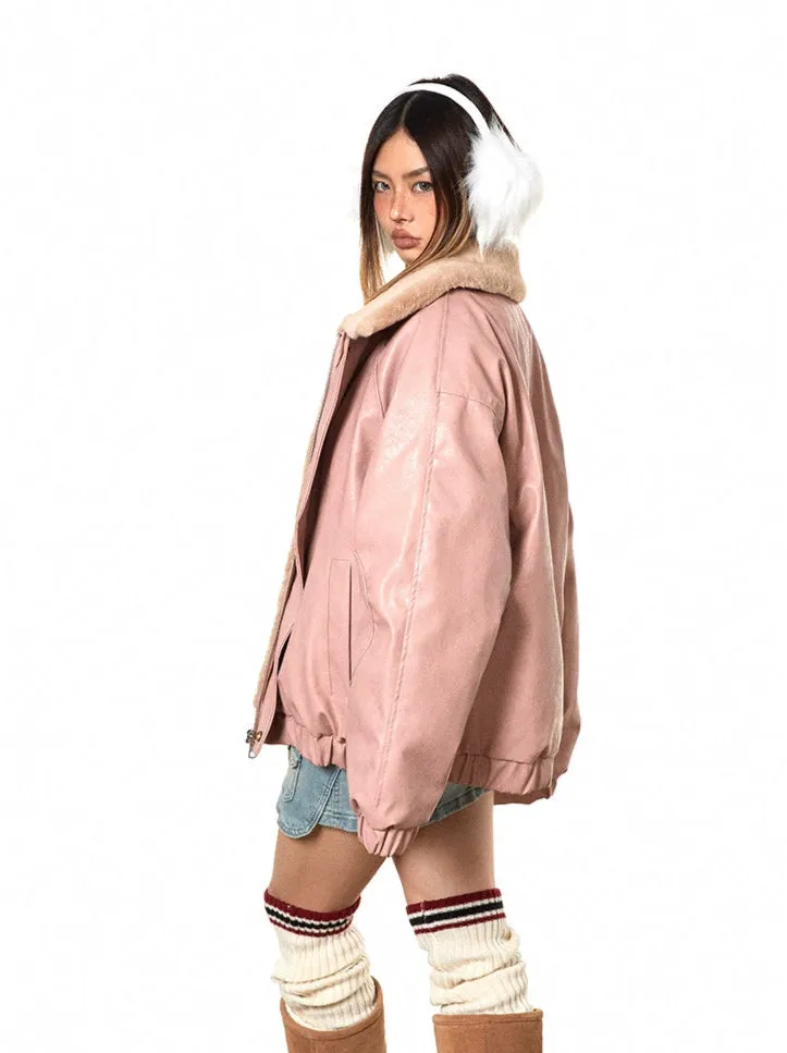 Fleece Lined Glossy Faux Leather Oversized Jacket