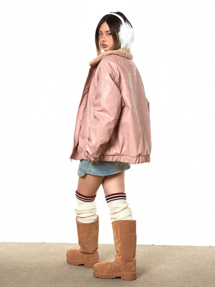 Fleece Lined Glossy Faux Leather Oversized Jacket