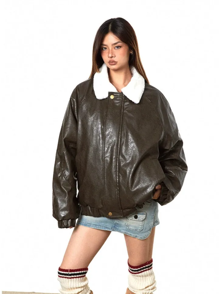 Fleece Lined Glossy Faux Leather Oversized Jacket