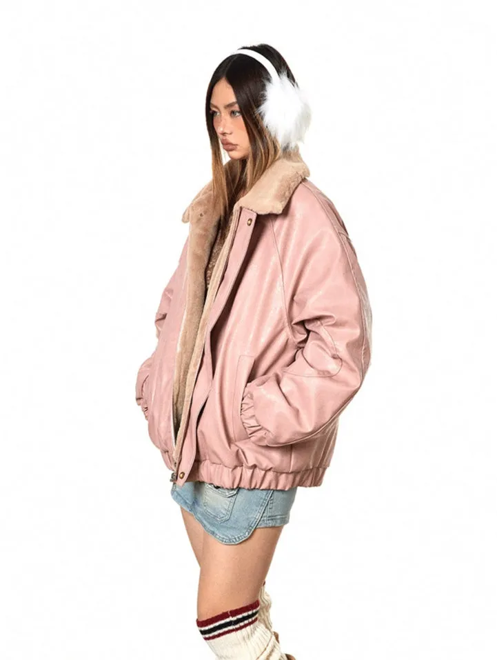 Fleece Lined Glossy Faux Leather Oversized Jacket