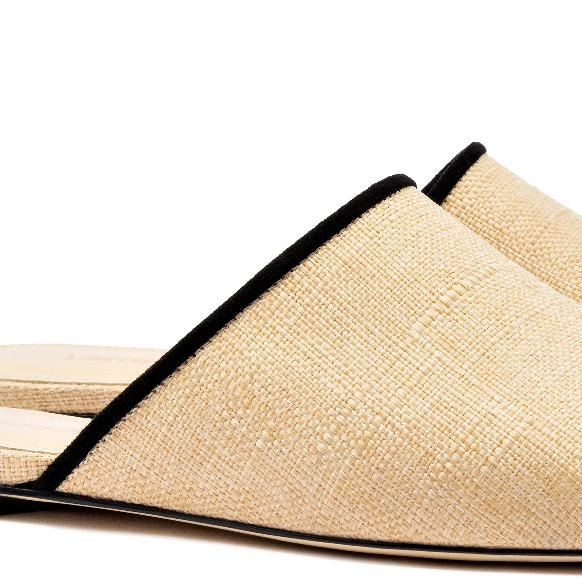 Larroude Venice Flat Mule In Beige Raffia Black Trim