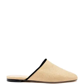 Larroude Venice Flat Mule In Beige Raffia Black Trim