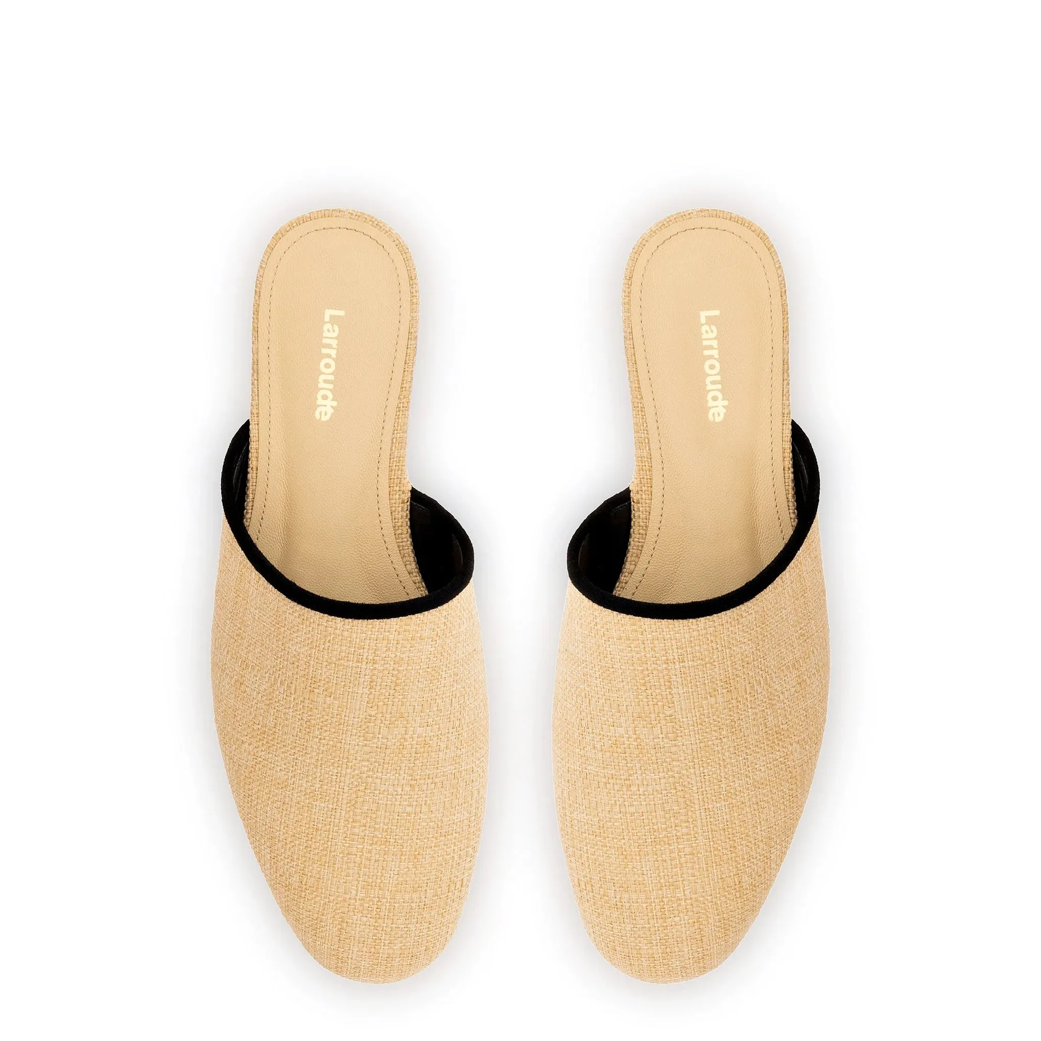 Larroude Venice Flat Mule In Beige Raffia Black Trim