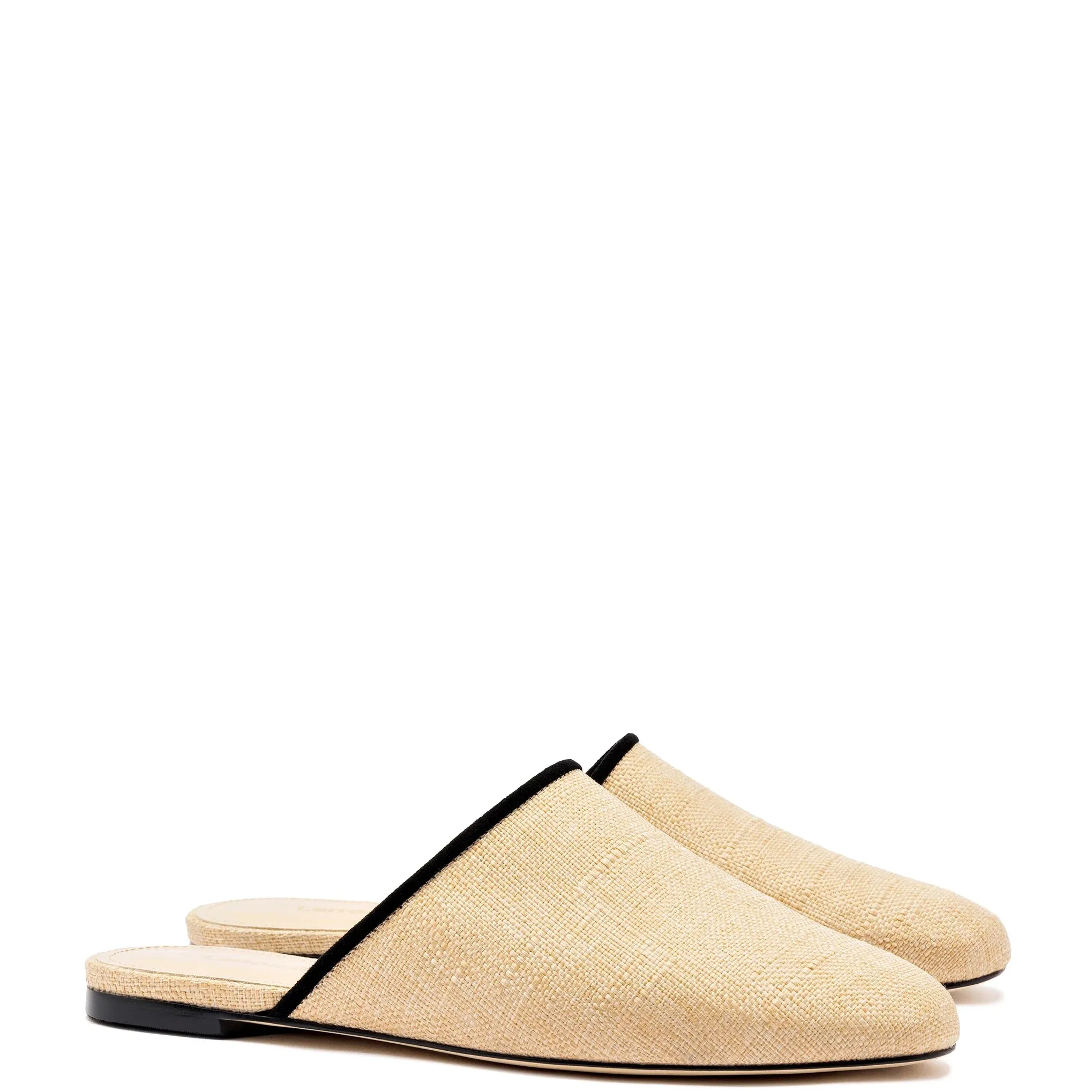 Larroude Venice Flat Mule In Beige Raffia Black Trim