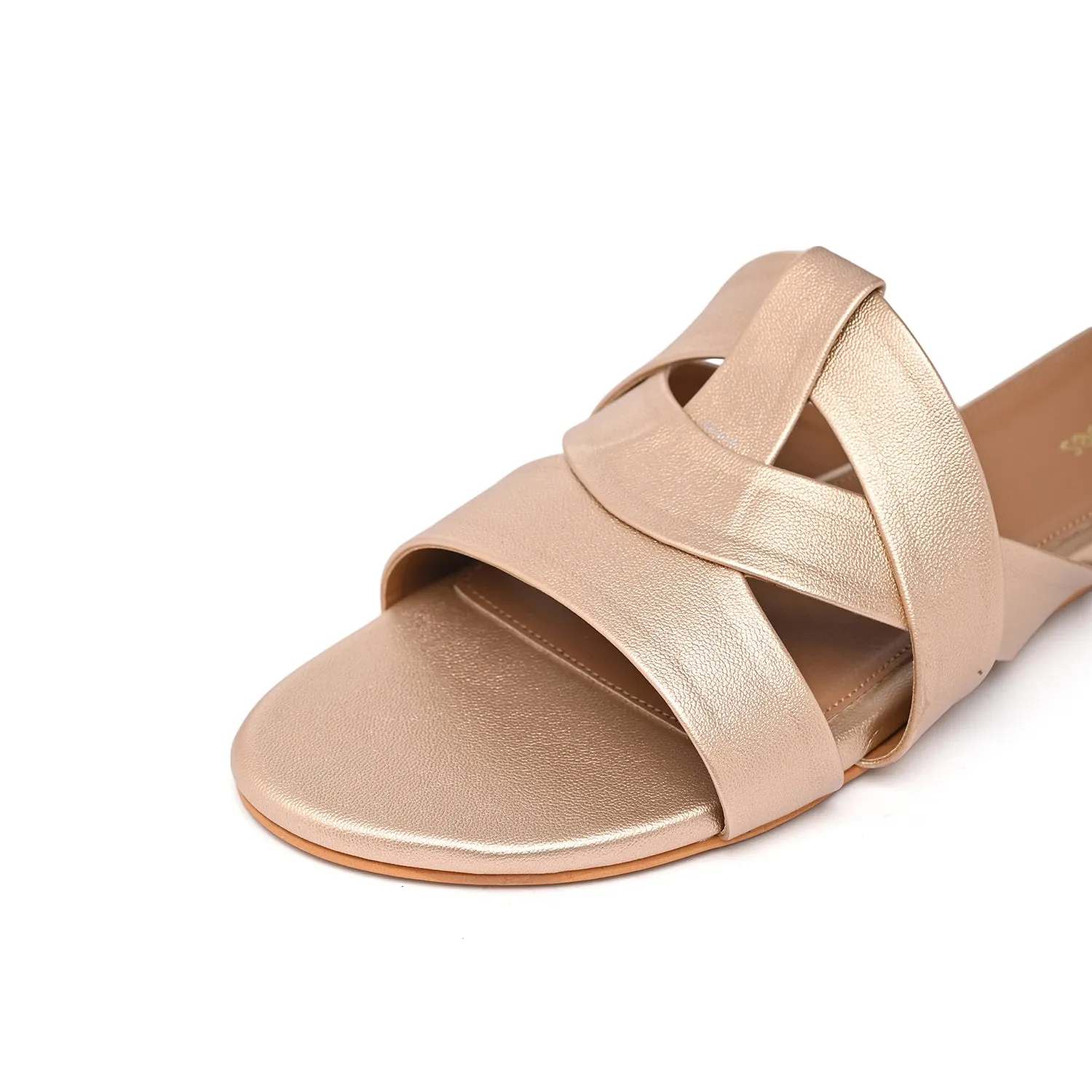 Muted Gold Flat Cross-Strap Sandals
