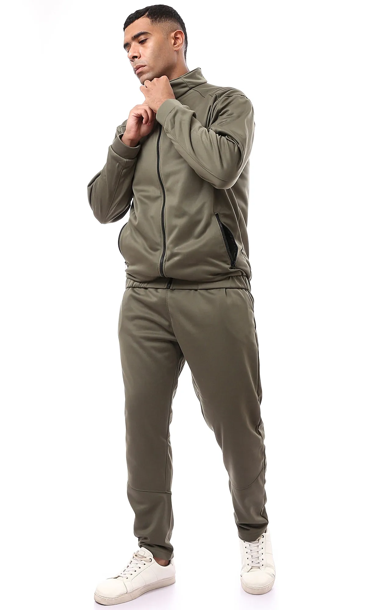 O172671 Dark Olive Zipper Through Neck Winter Jacket