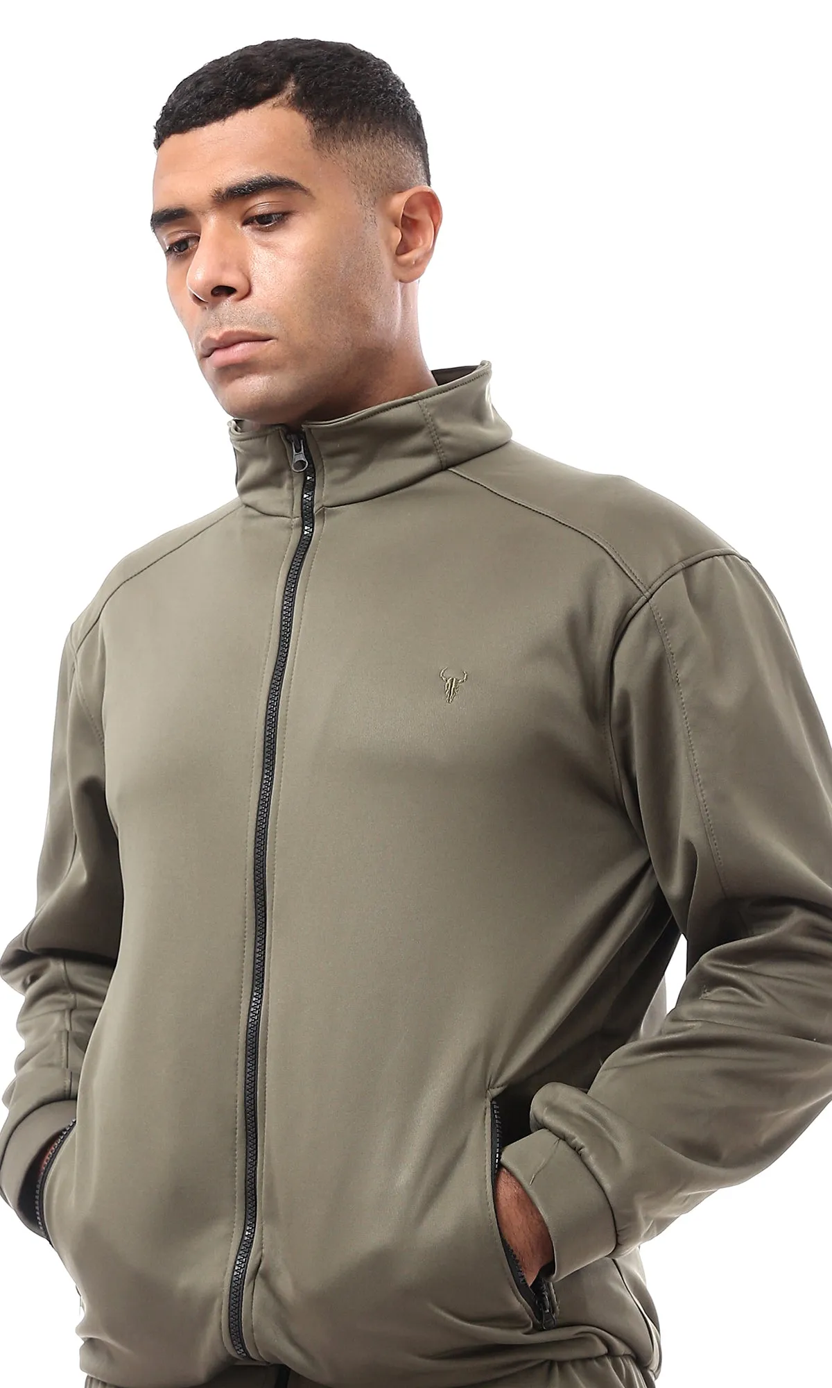 O172671 Dark Olive Zipper Through Neck Winter Jacket