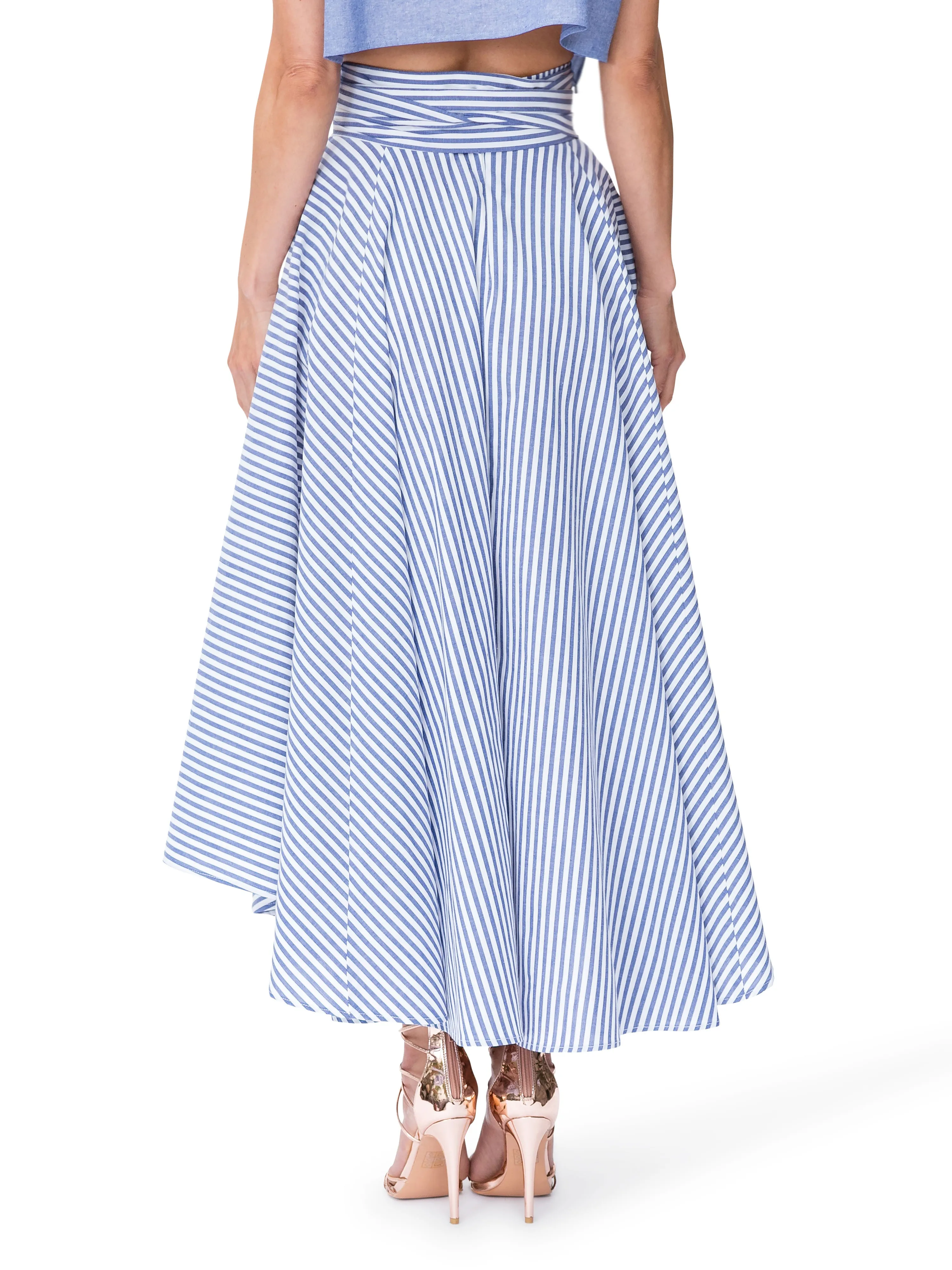 "Santorini" Striped Belted Midi Skirt