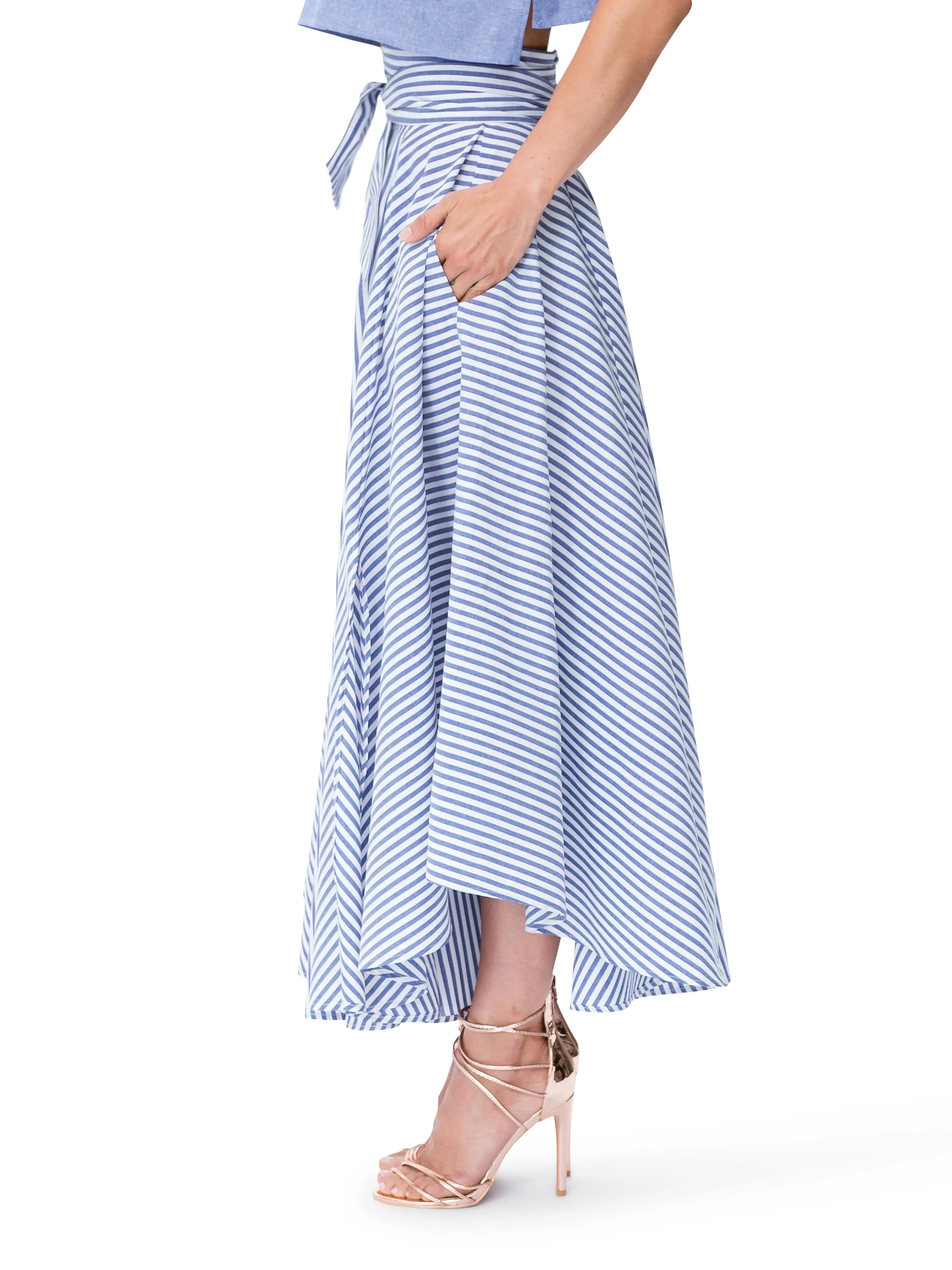 "Santorini" Striped Belted Midi Skirt