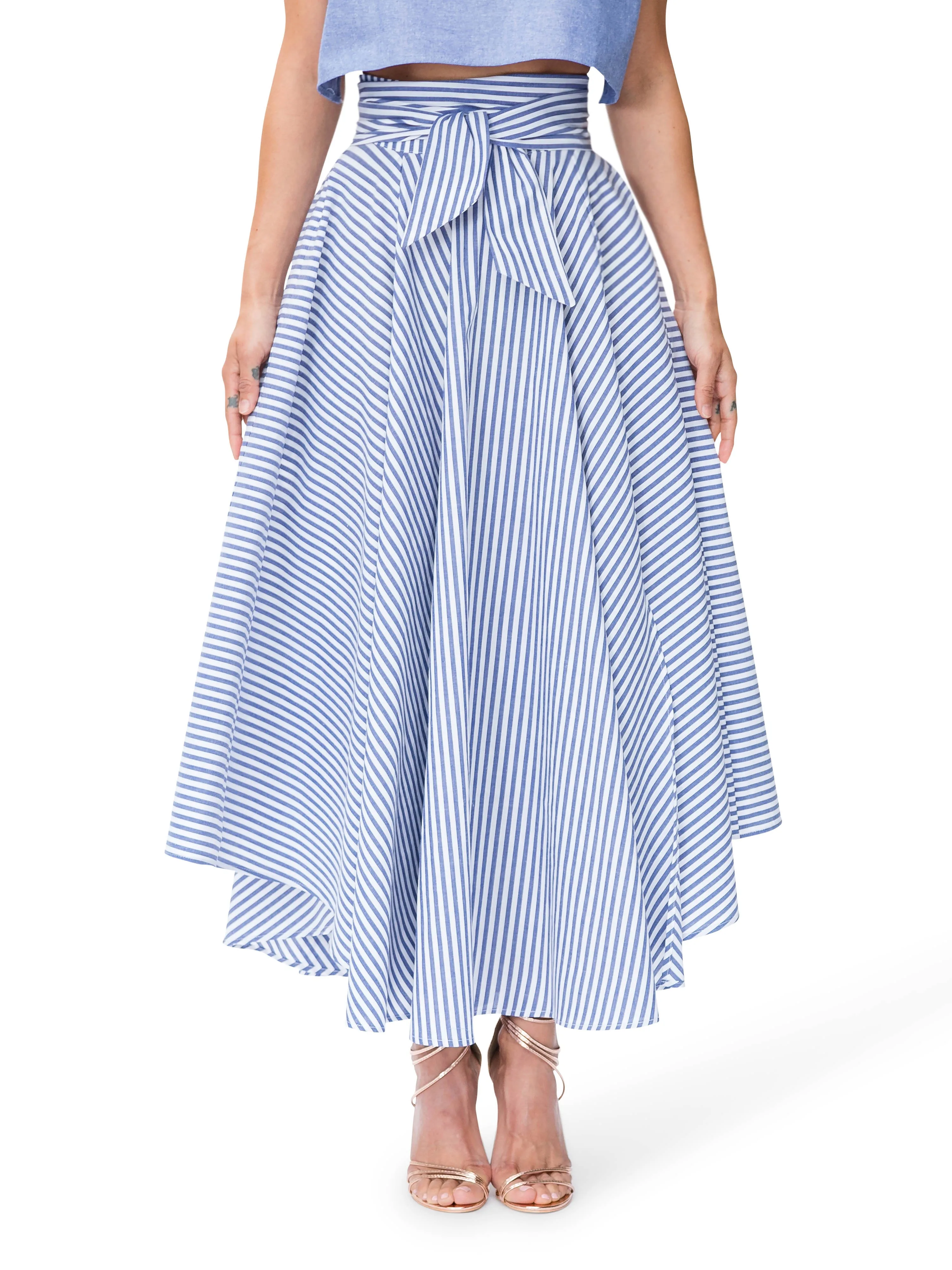 "Santorini" Striped Belted Midi Skirt