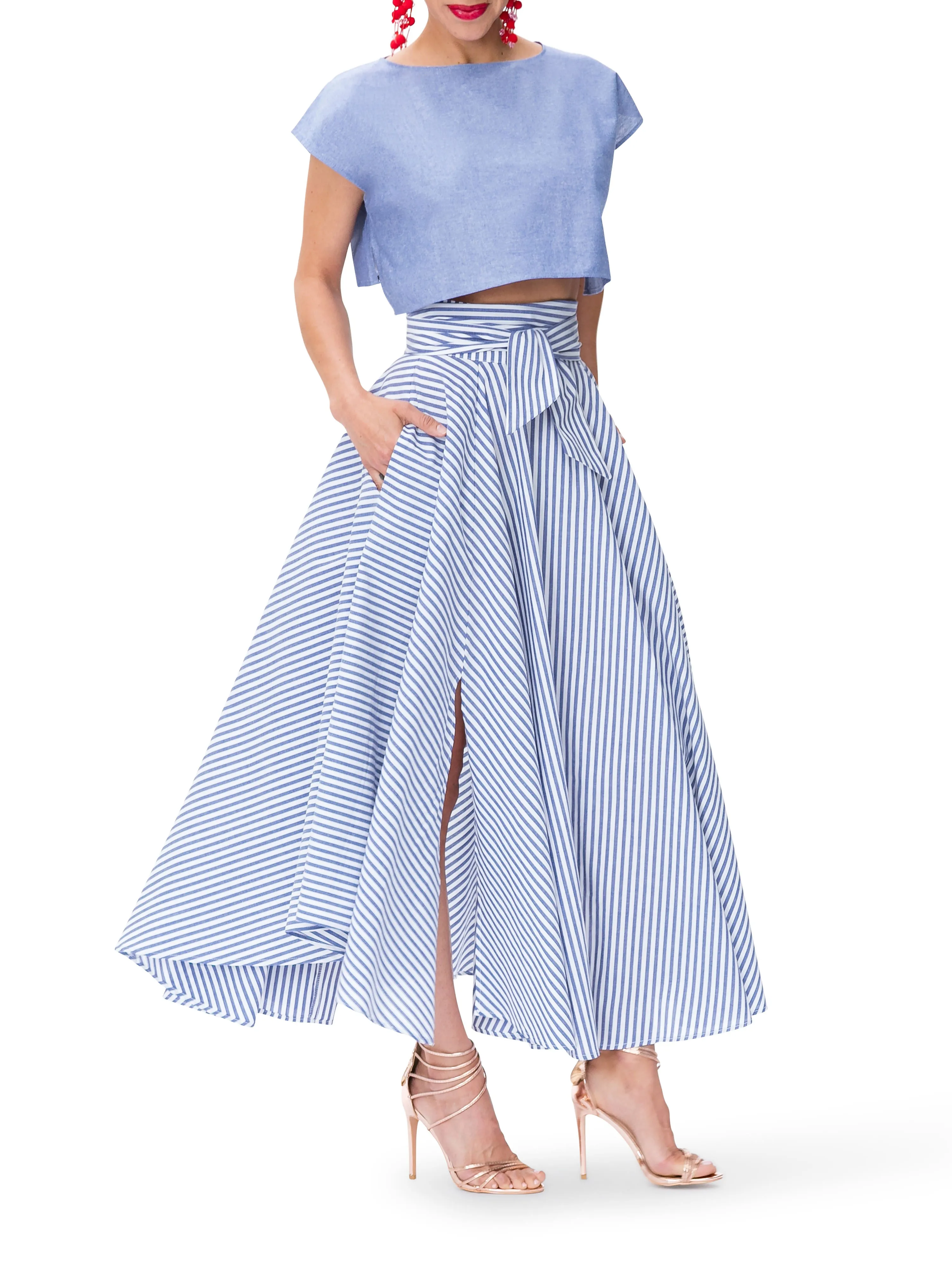 "Santorini" Striped Belted Midi Skirt