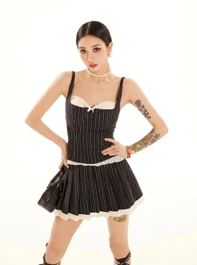 Striped Lace Trim Cami Top and Skater Skirt Set