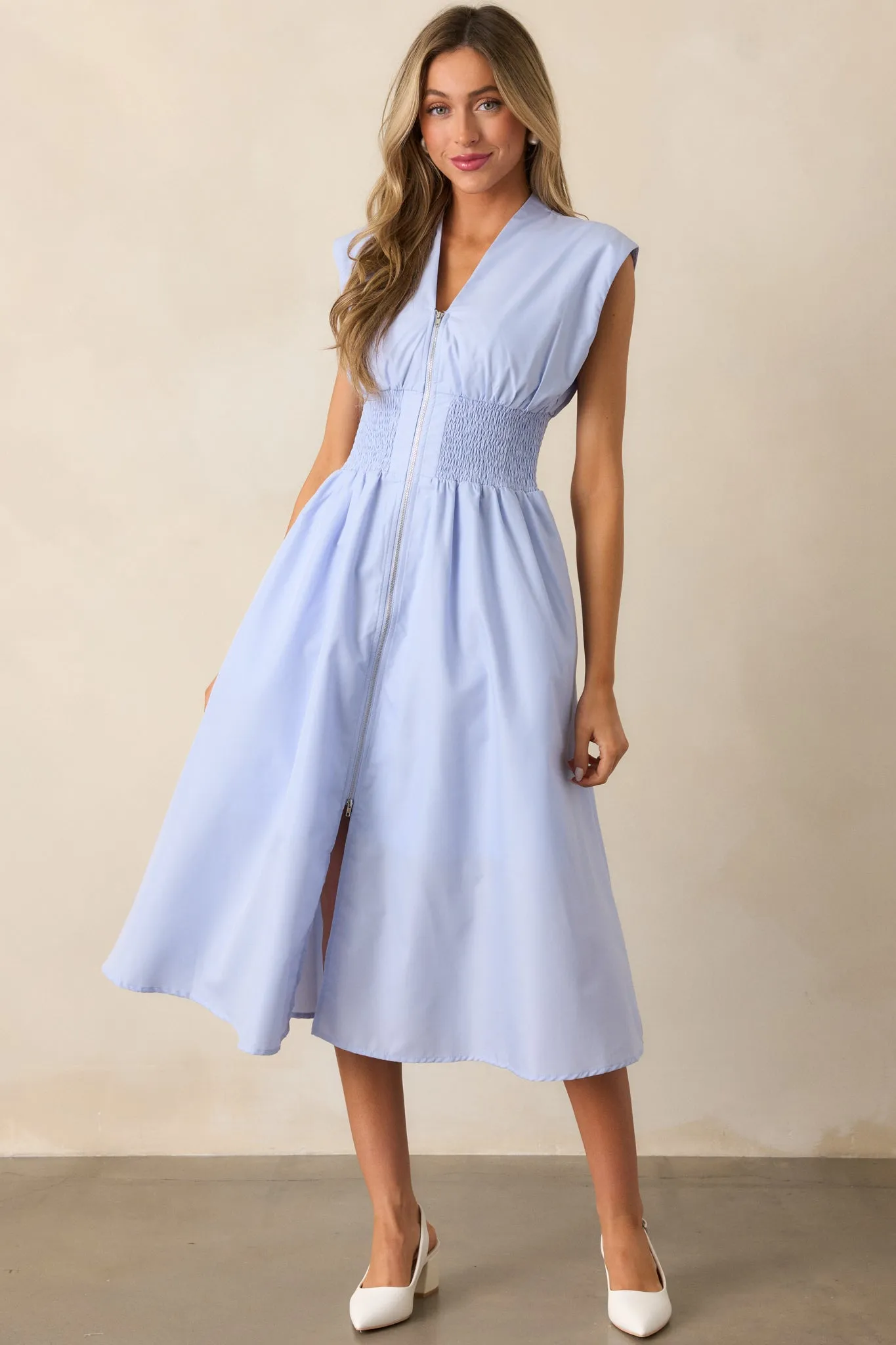 The Evette Baby Blue Zip Front Midi Dress