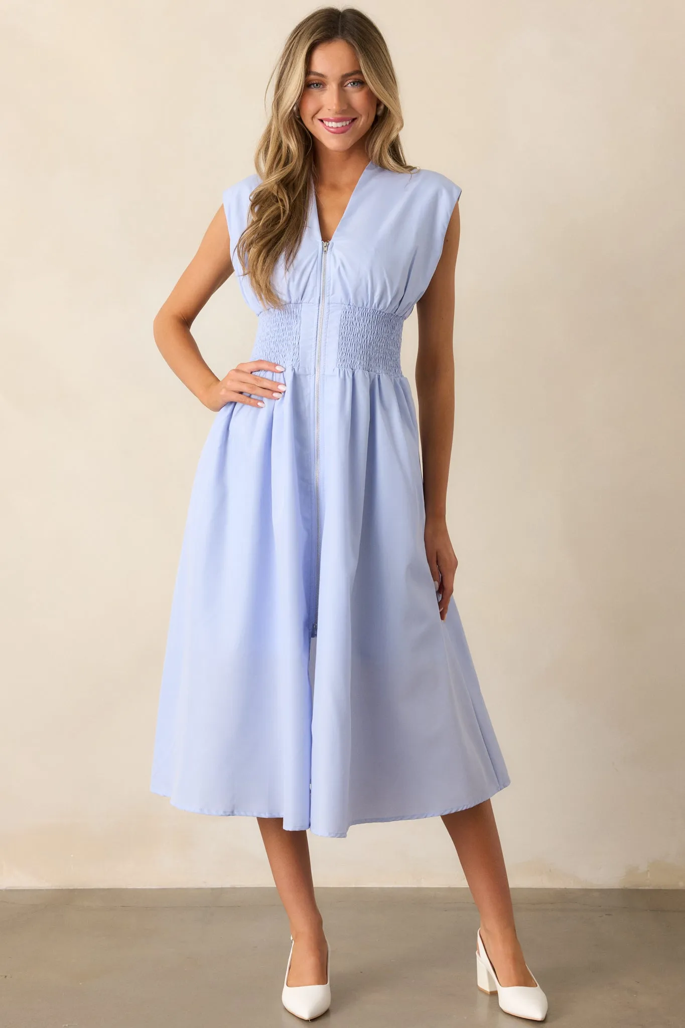 The Evette Baby Blue Zip Front Midi Dress
