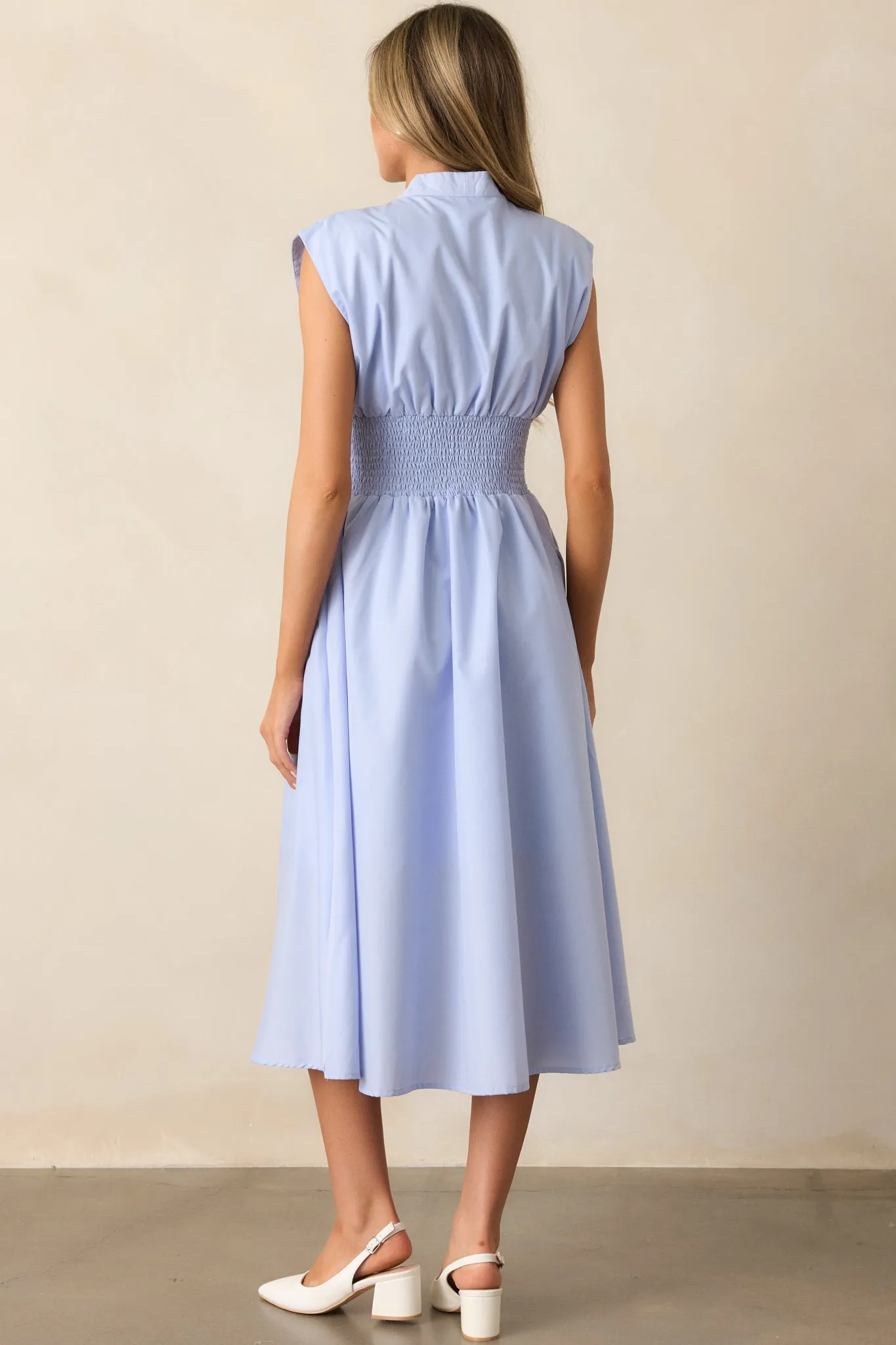 The Evette Baby Blue Zip Front Midi Dress