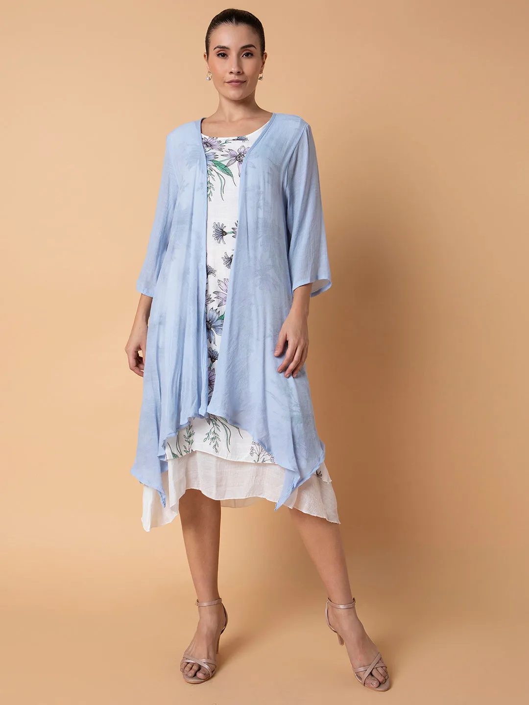 Women Floral Blue Midi A-Line Dress with shrug