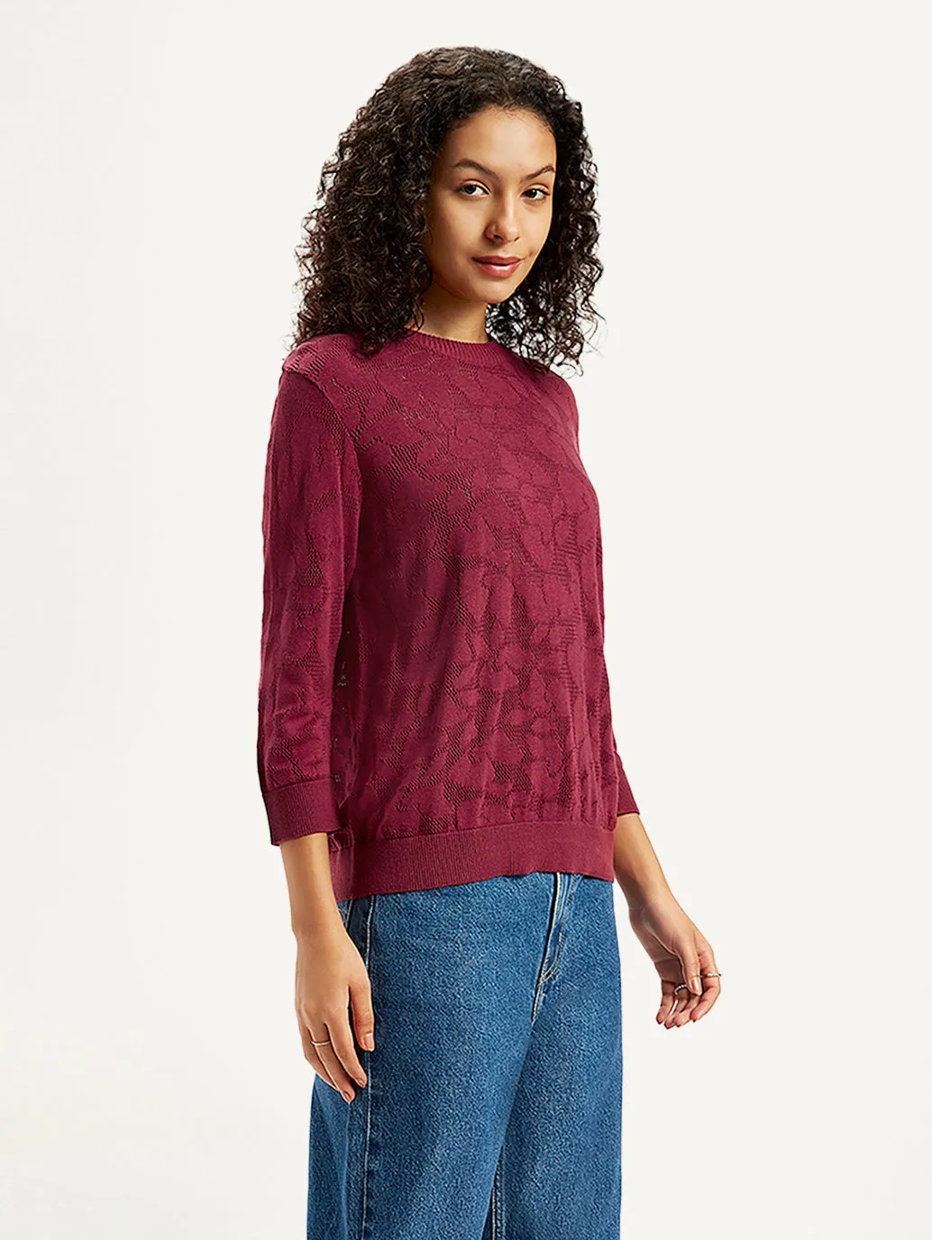 Women's Self Design Maroon Crew Neck Sweater