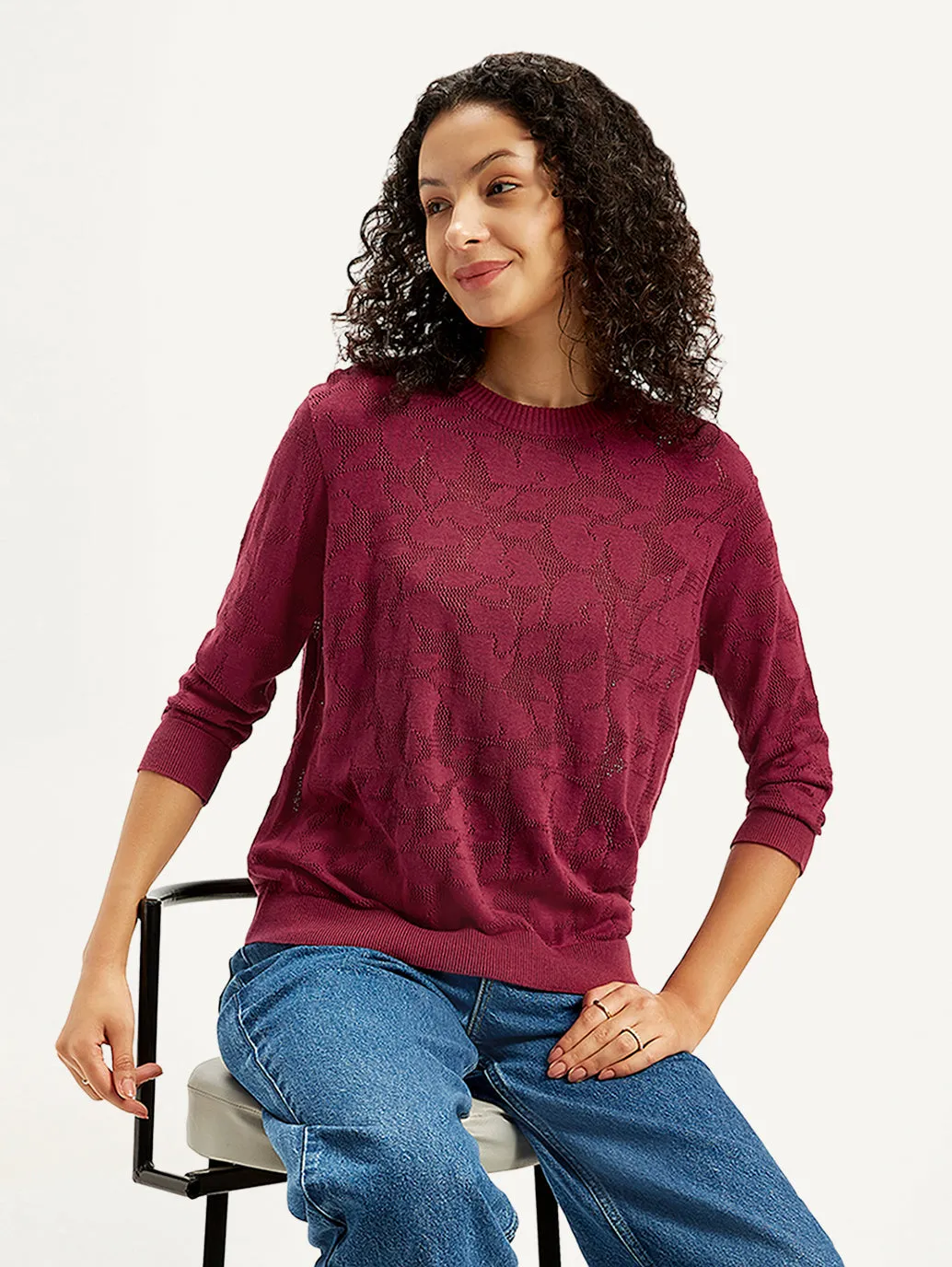 Women's Self Design Maroon Crew Neck Sweater
