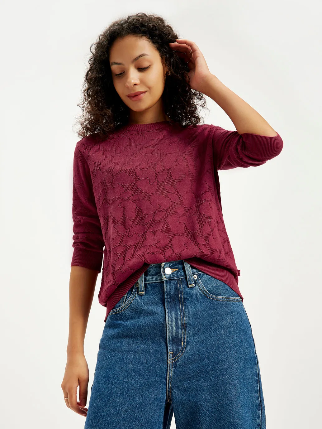 Women's Self Design Maroon Crew Neck Sweater