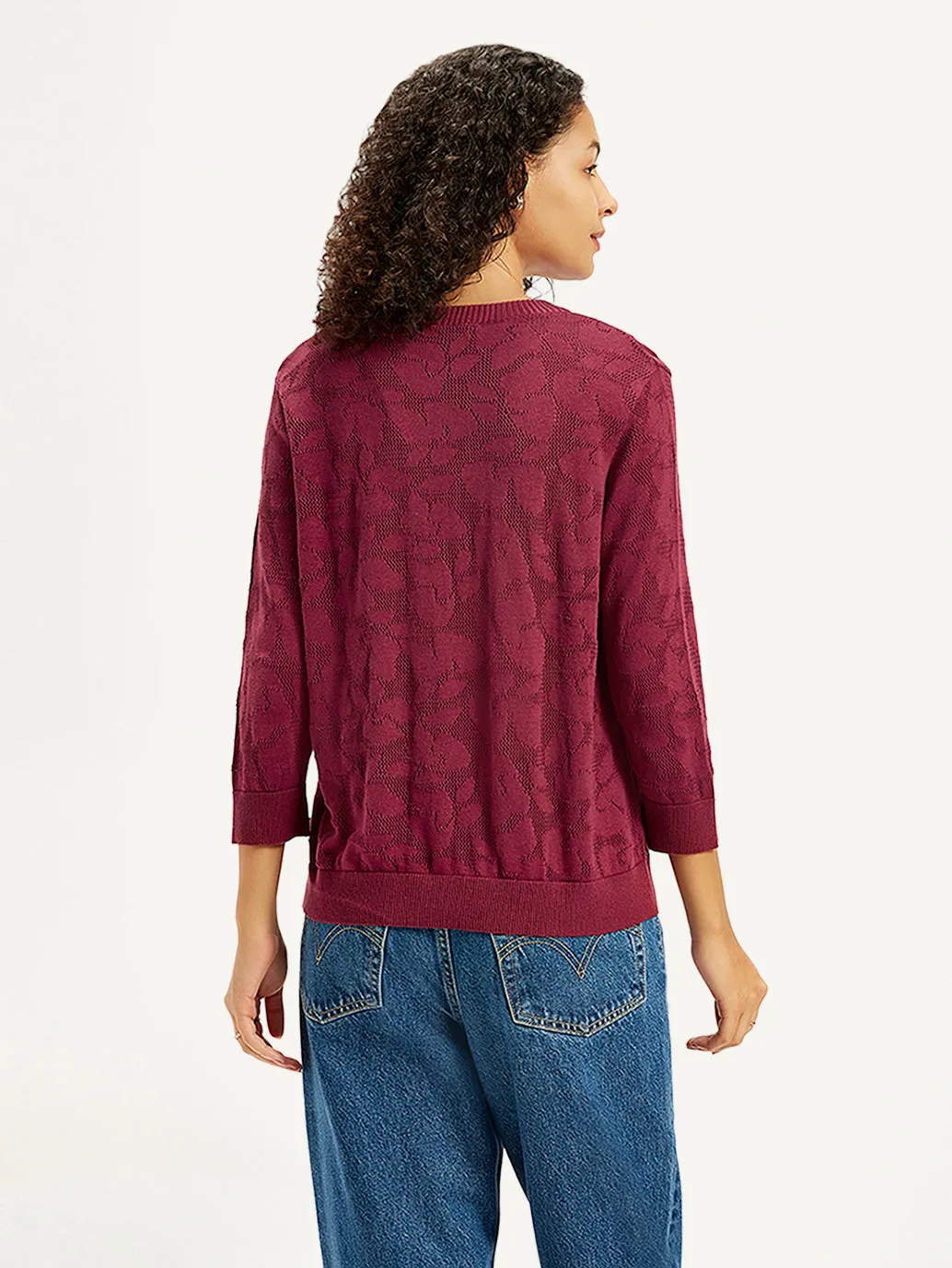 Women's Self Design Maroon Crew Neck Sweater